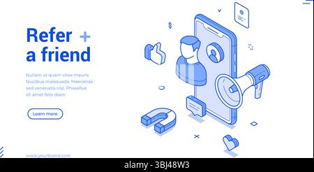 Il banner presenta elementi isometrici che si concentrano sulle referenze degli amici. Uno smartphone visualizza i profili utente, promuovendo la condivisione e il coinvolgimento attraverso i social Illustrazione Vettoriale