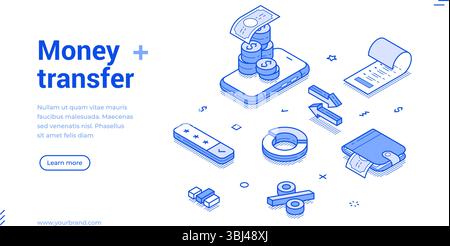 Il banner isometrico illustra il processo di trasferimento di denaro, con pile di monete, un portafoglio digitale e simboli delle transazioni. Mostra Mo Illustrazione Vettoriale