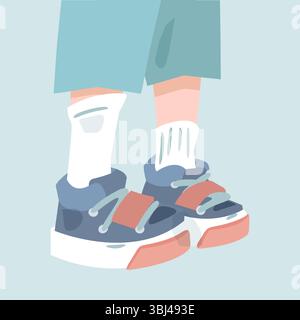 Illustrazione a cartoni animati dei piedi di un bambino in scarpe da ginnastica e calze, visti dalla parte anteriore. Stile piatto con colori pastello, isolato su sfondo blu. Illustrazione Vettoriale