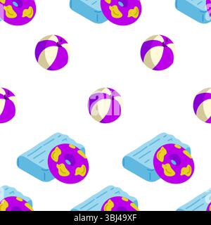 Motivo senza cuciture con giocattoli gonfiabili da spiaggia tra cui anello d'anatra, galleggiante da piscina e pallina da spiaggia in viola e blu. Stile cartoni animati piatto, isolato su bianco Illustrazione Vettoriale
