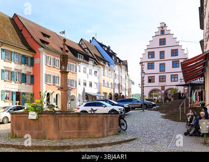 Marktplatz mit Marktbrunnen und Rathaus mit Staffelgiebel, Endingen am Kaiserstuhl, Baden-Württemberg, Deutschland *** piazza del mercato con distributore Foto Stock