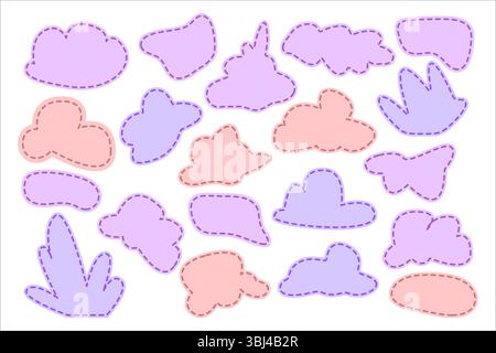Cartoni animati dai colori pastello con bordi tratteggiati, perfetti per lo spazio di copia. Stile piatto, tonalità rosa e viola, isolato su sfondo bianco. Illustrazione Vettoriale