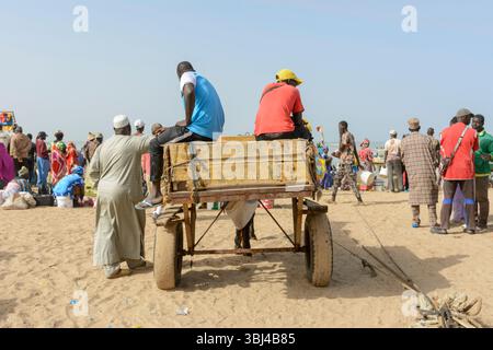 Carretto trainato da cavalli presso l'affollato mercato del pesce quotidiano sulla spiaggia di Mbour, Petite Cote, regione di Thies, Senegal, Africa occidentale Foto Stock