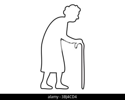 Donna anziana con un contorno nero di canna su sfondo bianco, vettore. concetto di donna anziana, invecchiamento, assistenza sanitaria, aiuti alla mobilità, des grafici Illustrazione Vettoriale