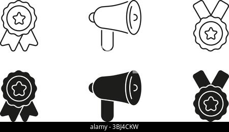 Nastro premio, megafono e set di icone medaglia. Raccolta di simboli di riconoscimento, comunicazione e raggiungimento. Elementi per festeggiamenti e annunci Illustrazione Vettoriale