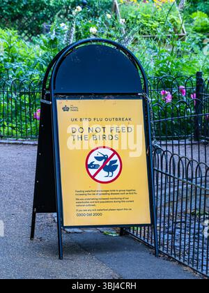 Londra, Regno Unito - 26 maggio 2025: Un segnale di avvertimento contro l'alimentazione degli uccelli a causa di un focolaio di influenza aviaria nel Regno Unito. Foto Stock
