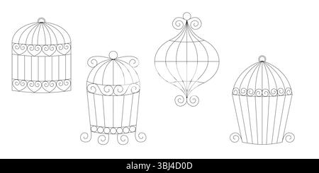 Disegna un set di gabbie di uccelli in una collezione di gabbie di metallo vettoriali disegnate a mano in stile line art per uccelli domestici Illustrazione Vettoriale