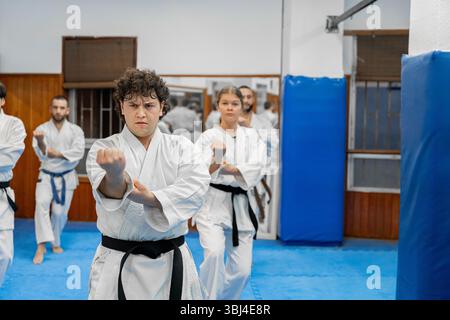 Gruppo di karateka che pratica posizioni di combattimento in un dojo, dimostrando disciplina e concentrazione Foto Stock