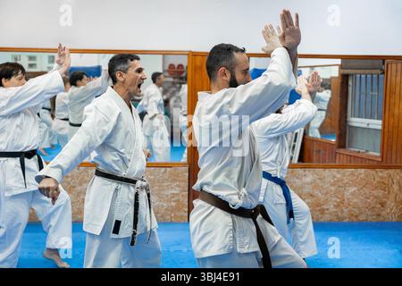 Gruppo di karateka che praticano il kihon in un dojo, eseguendo una posizione difensiva con urla Foto Stock