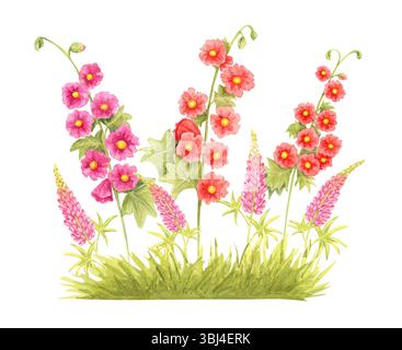 Illustrazione ad acquerello di hollyhock rossi e lupini rosa con erba verde. Clipart botanico di fiori selvatici per inviti a eventi all'aperto, decorazioni per vivai o diario floreale Foto Stock