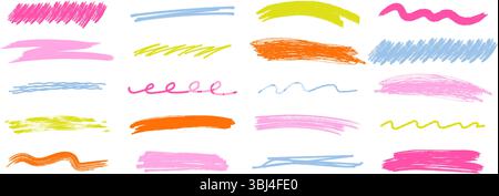 Colorato gesso sottolineato e tratto di scrawl impostato. Linee di pennello pastello disegnate a mano, sottolineature ondulate e ricci, elementi evidenziati dal pastello. Illustrati vettoriali Illustrazione Vettoriale