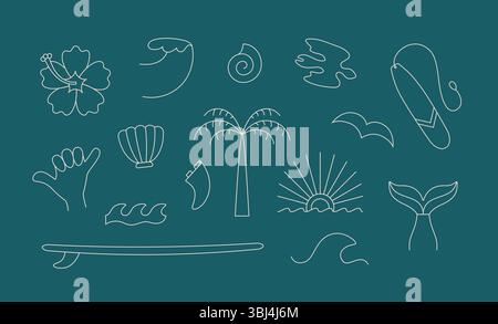Stile di vita tropicale con icone bohémien. Elementi vettoriali minimalisti disegnati a mano su mare, spiaggia, spa, resort, surf camp. Illustrazione Vettoriale