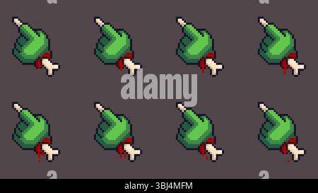 Set di pixel art di cursori mano zombie con gesti del dito puntato progettato come fotogrammi di animazione per creare un movimento del cursore o del personaggio. Ideale per Illustrazione Vettoriale