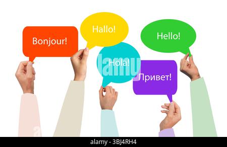 Buongiorno bolla di discorso con saluti multilingue. Parola HI in inglese, spagnolo, francese, cinese, russo per la comunicazione internazionale e di cultura Foto Stock