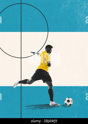 L'atleta di calcio colpisce la palla dal centro con forza su un layout bianco-blu-bianco che rappresenta la bandiera argentina del calcio. Collage artistico astratto. Foto Stock