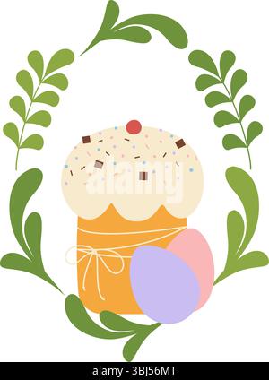 Il forno di Pasqua decorava il cioccolato e cospargeva e le uova di Pasqua con ramoscelli primaverili intorno al bordo di Frame. Illustrazione vettoriale isolata schede tematiche inviti, eventi o banner promozionali, opuscoli, etichette, tag Illustrazione Vettoriale