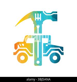 Design con logo colorato Geometric Hammer e Truck Construction Illustrazione Vettoriale
