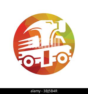 Vivace design geometrico con un camion e un martello, che simboleggia la costruzione e la velocità, con un look dinamico e colorato. Illustrazione Vettoriale