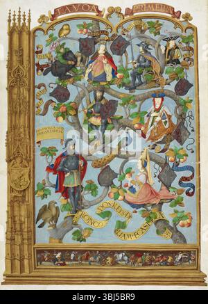 Albero genealogico dei Re di León e Castiglia, 1530-1534. Sul margine è raffigurata una torre della chiesa; ai piedi, la battaglia di Santa Maria de Cobadonga, 718. Da Genealogia dos Reis de Portugal (genealogia dei monarchi del Portogallo). Foto Stock