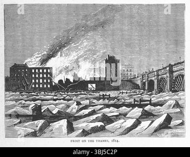 Gelo sul Tamigi, 1814, (1897). Un edificio in fiamme visto dall'altra parte del Tamigi a Londra. Pagina 335 di "Old &amp; New London. Di W. Thornbury e Edward Walford. Illustrated", 1897. [Londra, Inghilterra] Foto Stock