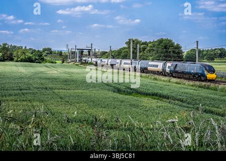 Avanti Pendolino treno elettrico Express inclinabile che passa un campo di mais sulla linea principale della West Coast a Winwick. Foto Stock