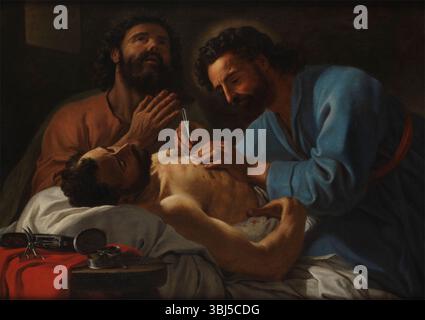 SS Cosma e Damiano che vestono una ferita al petto, 1748. I Santi Cosma e Damiano praticavano la medicina e la chirurgia senza pagamento secondo la loro leggenda, e furono quindi rappresentati al pubblico laico come ideali medici. Questo dipinto mostra uno dei santi che usa un estrattore di proiettili per rimuovere un corpo estraneo dal petto di un uomo, e l'altro che assiste alla preghiera. Sul tavolo è presente una custodia da viaggio di strumenti chirurgici con un coperchio che si apre e a destra una scatola rotonda divisa per contenere diversi unguenti utilizzati in chirurgia. Foto Stock