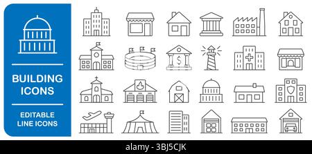 Creazione di un set di icone di linea modificabile. Simbolo della città ​​architecture. Contenente circo, aeroporto, casa, fabbrica, banca, scuola, caserma dei vigili del fuoco, negozio, hospit Illustrazione Vettoriale