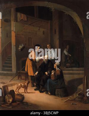 Tobias che ripristina la vista di Tobit, 1600-1699. Tobit e Anna erano i genitori di Tobias che viene mostrato qui nel momento in cui sta salvando la vista di suo padre con l'aiuto dell'Arcangelo Raffaello. Tobit era stato ridotto alla povertà da Dio come prova, e Anna lo sostenne con la sua ruota rotante. La storia è stata considerata un esempio di pietà nelle avversità Foto Stock