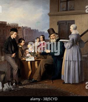 Uno showman itinerante nei Paesi Bassi che mostra animalcoli ai bambini, c1840. Foto Stock