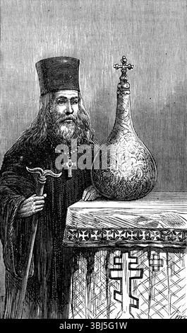 Schizzi a Mosca, del nostro artista speciale: Vaso antico al Cremlino, 1874. "Nella parte più antica del Cremlino c'è una vecchia sacrestia, in cui è conservato un vaso molto vecchio. È di rame, argentato e ornato con madreperla. Si ritiene che contenga una parte della "costosa sterlina di unguento" che fu usata da Maria Maddalena. La tradizione è che proviene da Bisanzio, nei primissimi giorni della Chiesa. Ogni Quaresima una cerimonia solenne viene fatta passare dal metropolita di Mosca, assistito dal suo clero principale. Questa è la preparazione dell'olio per il battesimo Foto Stock