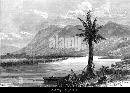 Schizzi dalla Palestina: Monte Carmelo e Kishon, 1874. Incisione di uno schizzo di Lieut. Conder. "Questa è una vista dell'aspetto invernale di uno dei luoghi più pittoreschi della Palestina. Il tortuoso Kishon, dopo aver attraversato la stretta gola di Harosheth, esce nelle pianure pianeggianti, da cui si innalzano bruscamente i ripidi lati del Carmelo. Ha fatto scoppiare la barra di sabbia, che in estate chiude la bocca; e, nel periodo dell'anno rappresentato, sfocia nel mare, un torrente quasi imperdibile. Qui, sulle dune di sabbia vicino alla spiaggia, le palme, rare come sono generalmente in Palestina, crescono a clust Foto Stock