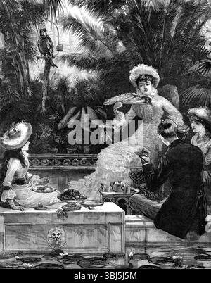 Tè pomeridiano, 1881. 'Presso l'elegante e lussuosa residenza di una ricca piantatrice del Sud America, sul bordo di marmo di una terrazza giardino ombreggiata da vegetazione tropicale, che si affaccia su un bacino d'acqua in cui la Victoria Regia mostrava le sue ampie foglie e grandi fiori bianchi, sedevano le signore della famiglia, accompagnate da un gentiluomo visitatore, rinfrescandosi con l'intrattenimento più mite dopo un'afosa marea - due ore di mezza essendo state già passate nella siesta inutile. Donna Mariquita, piacevolmente per il desiderio delle sue sorelle, aveva comandato l'apparato da tè, con un di Foto Stock