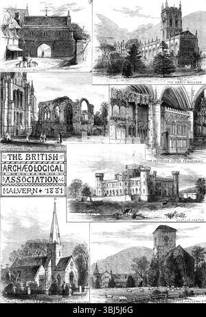 Luoghi visitati dalla British Archaeological Association, 1881. "La porta dell'abbazia, Malvern; l'abbazia, Malvern; il Guesten Hall, Worcester; le tombe di Despenser, Tewkesbury; il castello di Eastnor; la chiesa di Leckhampton; la chiesa di Little Malvern...il villaggio o villaggio di Leckhampton, vicino a Cheltenham, è notevole per la sua posizione sul pendio delle Cotswold Hills, e per la sua antica chiesa e casa padronale. La famiglia Despencer, che acquisì molto potere e ricchezza dal favore della corte durante il regno di Edoardo II, era Lord di Leckhampton. Possedevano anche la signoria di Tewkesbury e le loro tombe Foto Stock
