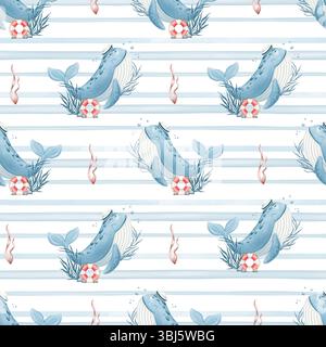 Motivo senza cuciture in stile acquerello con balene, salvagente, alghe e sfondo a righe. Tema marino, colori pastello, motivo a ripetizione adatto per Foto Stock