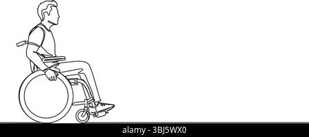 disegno continuo di un uomo in sedia a rotelle, illustrazione vettoriale di disegni in linea Illustrazione Vettoriale