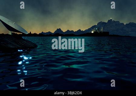 rendering 3d di radar dish e città scifi distanti Foto Stock