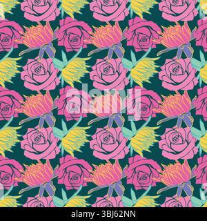 Rosa bicolore astratto, romantico motivo floreale Dhalia disegnato a mano, cancelleria, interni, motivo monocromatico senza cuciture con fiori Dhalia. Sfondo, retro Illustrazione Vettoriale