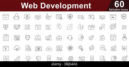 Set icone della linea di sviluppo Web - simboli di codifica, interfaccia utente o UX, programmazione e strumenti digitali Illustrazione Vettoriale