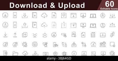 Set di icone della linea di download e caricamento - trasferimento dati, archiviazione cloud e simboli di condivisione file Illustrazione Vettoriale