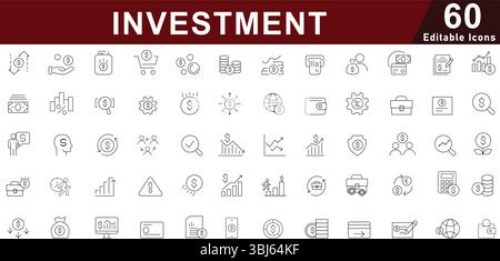 Set icone linea di investimento e finanza - simboli di crescita, denaro, banche e mercato azionario Illustrazione Vettoriale