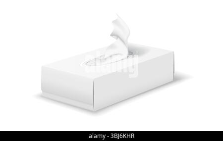 Immagine di una scatola di tessuto realistica in tonalità bianche. Questa raffigurazione mostra la scatola con un tessuto che emerge, sottolineando l'igiene in un ambiente minimalista Illustrazione Vettoriale