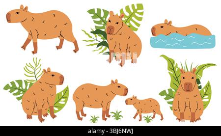 Set di capybara e capybara con composizione di foglie tropicali isolate su bianco in stile cartoni animati piatto. Carino clipart di animali perfetto per adesivi, bambini de Illustrazione Vettoriale