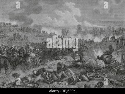 Battaglia di Lipsia (dal 16 al 19 ottobre 1813). Le truppe della sesta coalizione sconfissero l'esercito francese di Napoleone, costringendo Napoleone a ritirarsi dalla Germania. Primo giorno: La cavalleria di Murat attacca il villaggio di Gülden-Gossa. Disegno di Philippoteaux. Incisione di Hurel. Histoire du Consulat et de l'Empire (storia del Consolato e dell'Impero di Francia sotto Napoleone), di A. Thiers. Volume IV. Pubblicato a Barcellona, 1879. Foto Stock