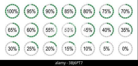 Elementi piatti infografici percentuali. Icone dei diagrammi rotondi per infografiche da 0 a 100%. Grafico a cerchio caricamento modelli di avanzamento. Verde Illustrazione Vettoriale