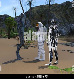 illustrazione in 3d di una donna astronauta che tiene in mano un piccolo alieno con un grande alieno davanti e un robot dietro su una spiaggia con montagne e tre Foto Stock