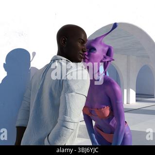 illustrazione in 3d di un alto alieno di pelle rosa che indossa un bikini arancione piegato a sussurrare un uomo. Foto Stock