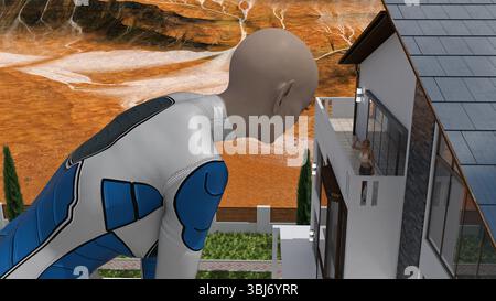 illustrazione in 3d di un alieno gigante che si appoggia per guardare una donna umana sul balcone di una casa che salta verso l'alto. Foto Stock