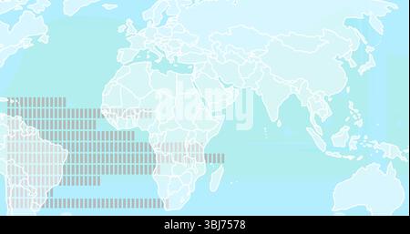 Visualizzazione dei contorni stilizzati della mappa mondiale nell'interfaccia della mappa digitale, con barre di sovrapposizione dei dati grigie Foto Stock