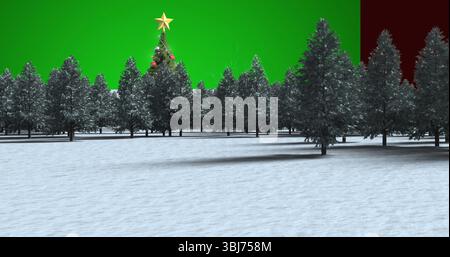 Mostra un albero di Natale decorato con ornamenti e stella su un set innevato con sfondo verde rosso Foto Stock