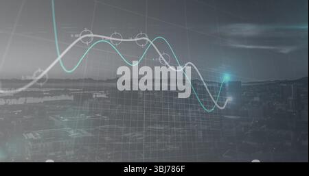 Proiezione di una griglia sovrapposta con linee di tendenza bianche color ottanio e marcatori di dati sul paesaggio urbano del porto al crepuscolo Foto Stock